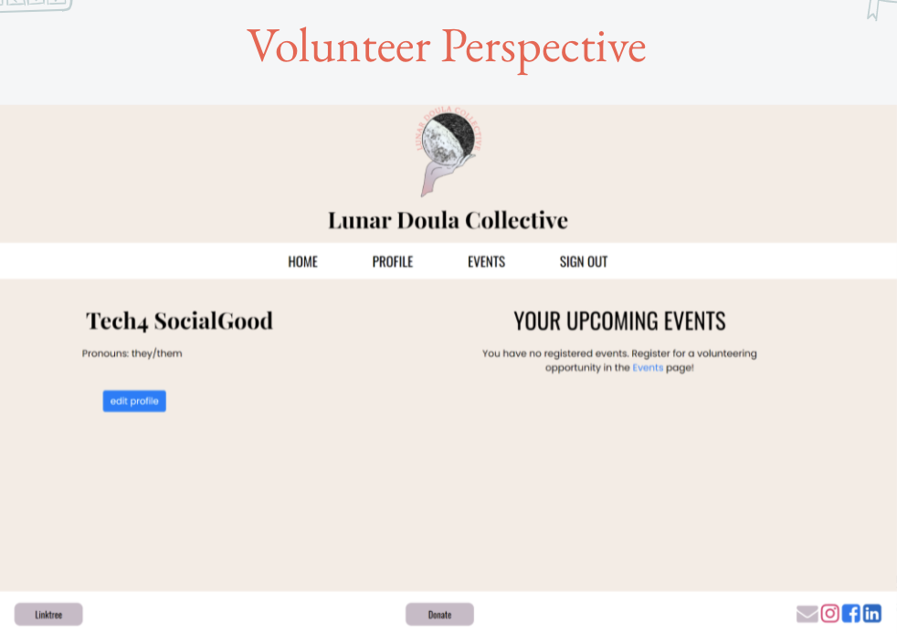 Image showing the volunteer perspective after logging into the lunar doula collective website